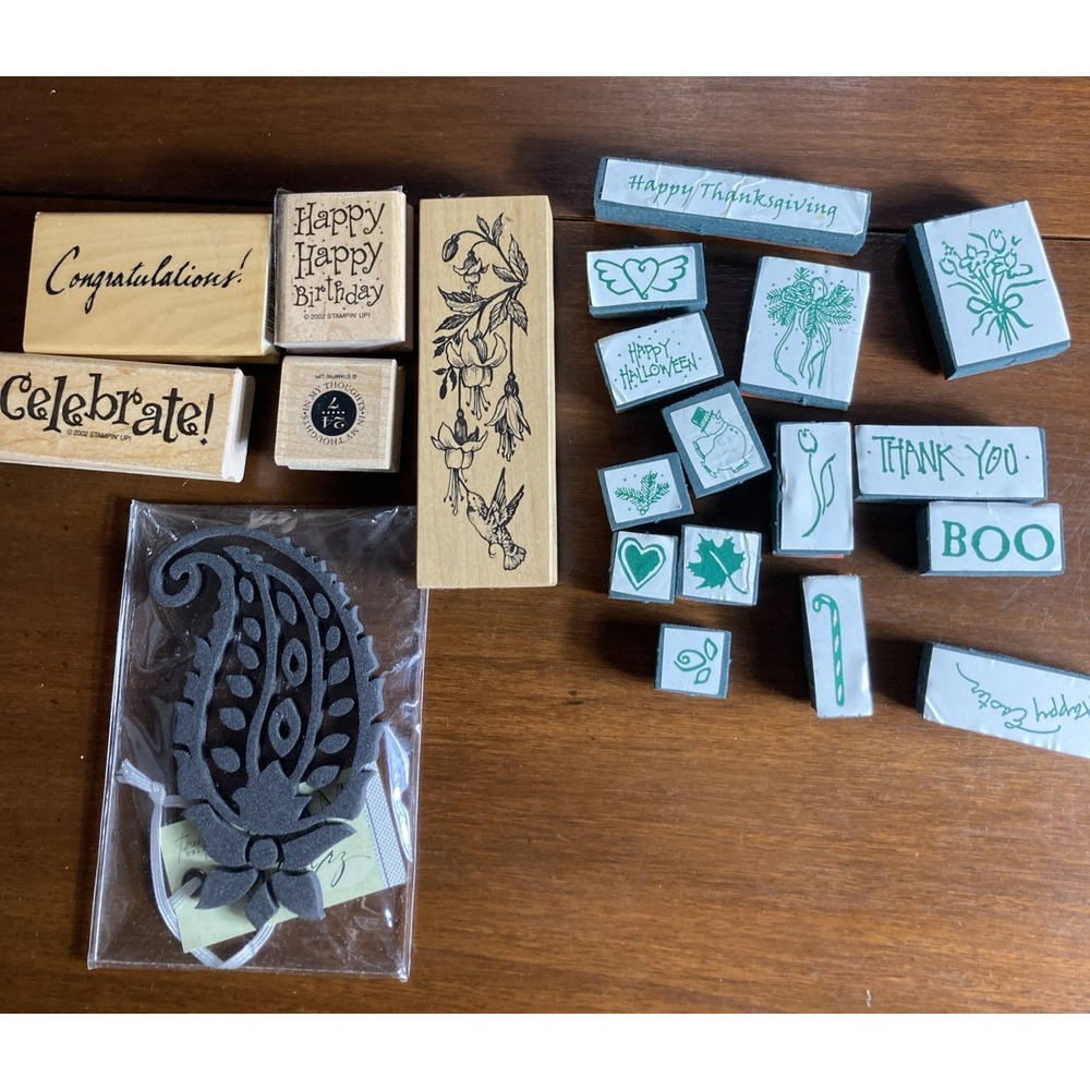 Lot of 20 wood and foam block stamps, various brands, themes, designs